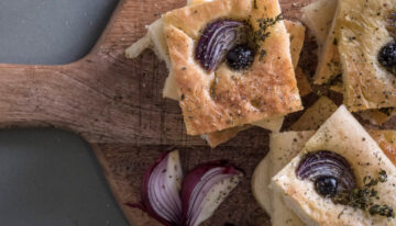 Focaccia with Red Onion, Olives and Rosemary
