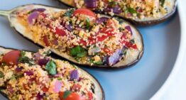 Chorizo and Couscous Stuffed Aubergines