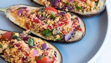 Chorizo and Couscous Stuffed Aubergines