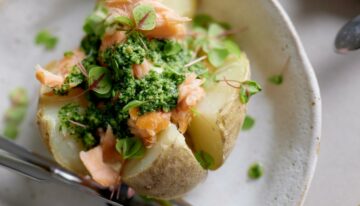 Jacket Potatoes with Rocket + Cashew Pesto and Smoked Salmon