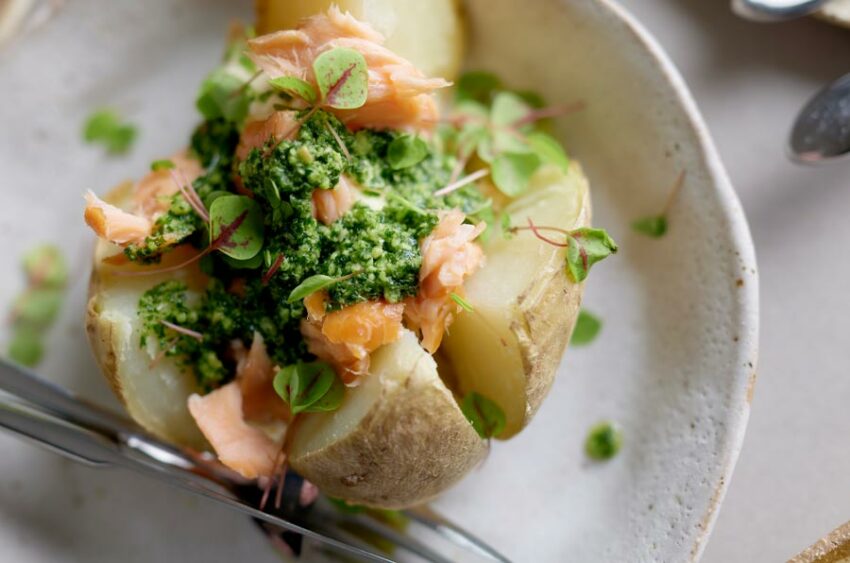 Jacket Potatoes with Rocket + Cashew Pesto and Smoked Salmon The